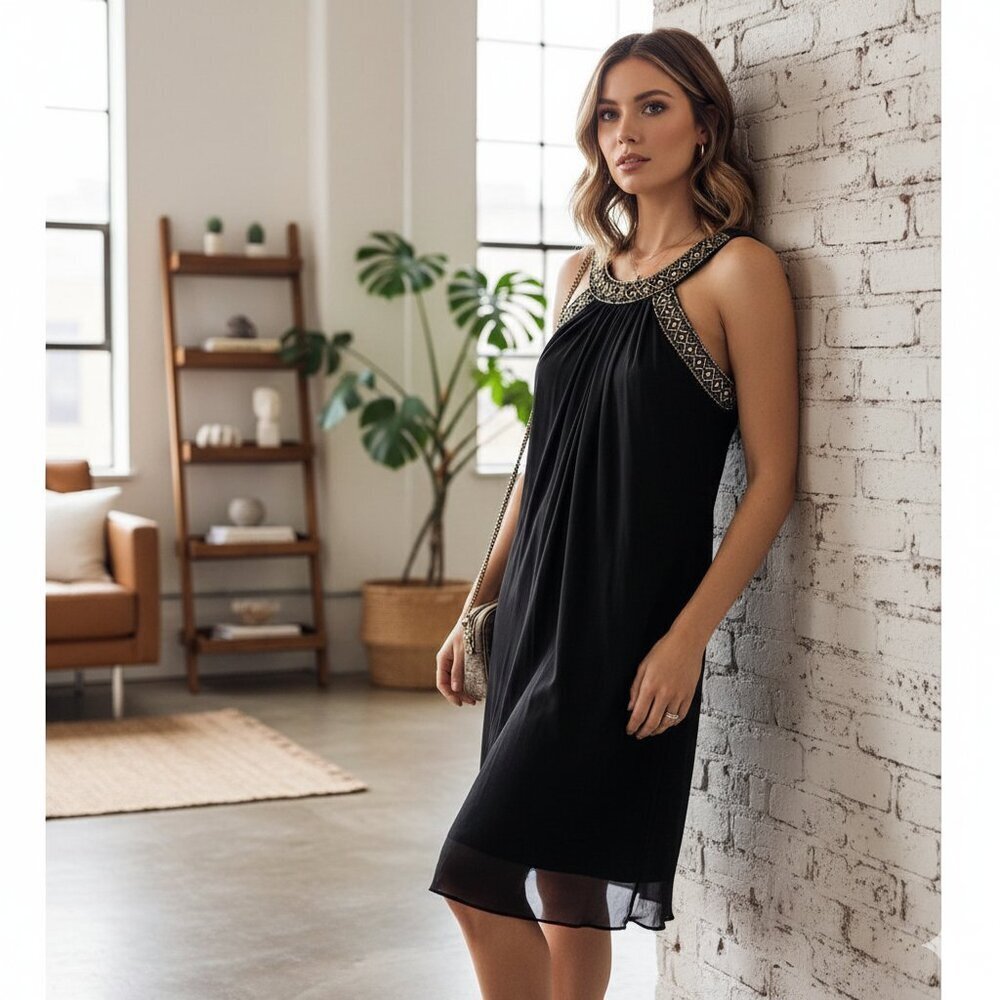 Scarlett Nite Black Sleeveless Beaded Short Dress Preowned Size 6